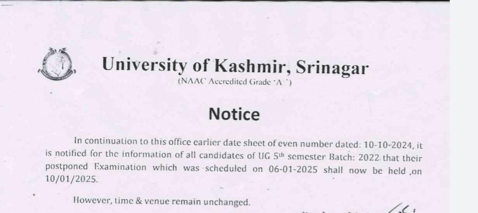 KU Released Notice Regarding Rescheduled Examination of UG 5th Semester